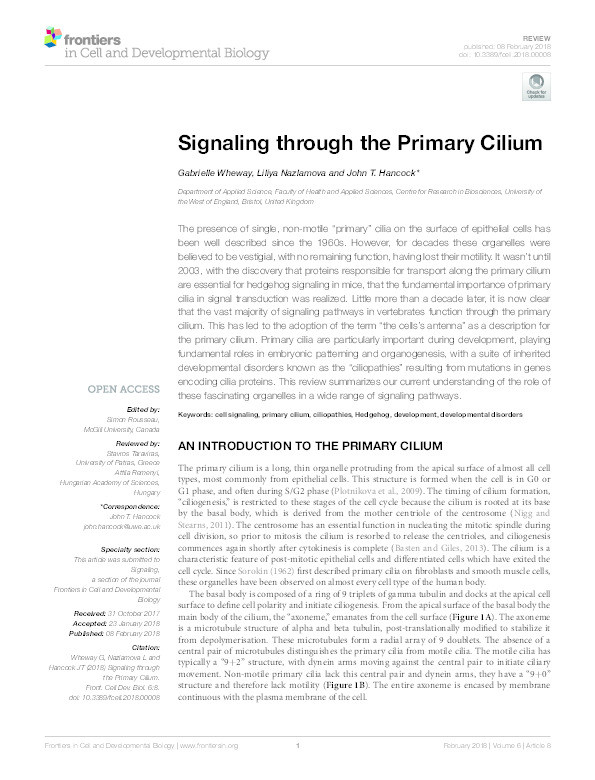 Signaling through the primary cilium Thumbnail
