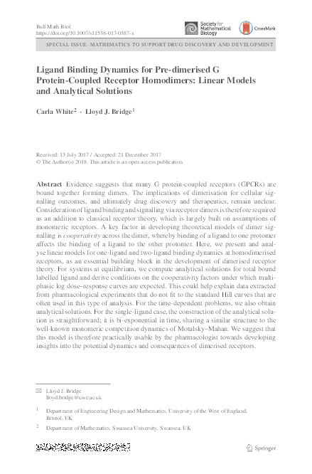 Ligand binding dynamics for pre-dimerised G protein-coupled receptor homodimers: Linear models and analytical solutions Thumbnail