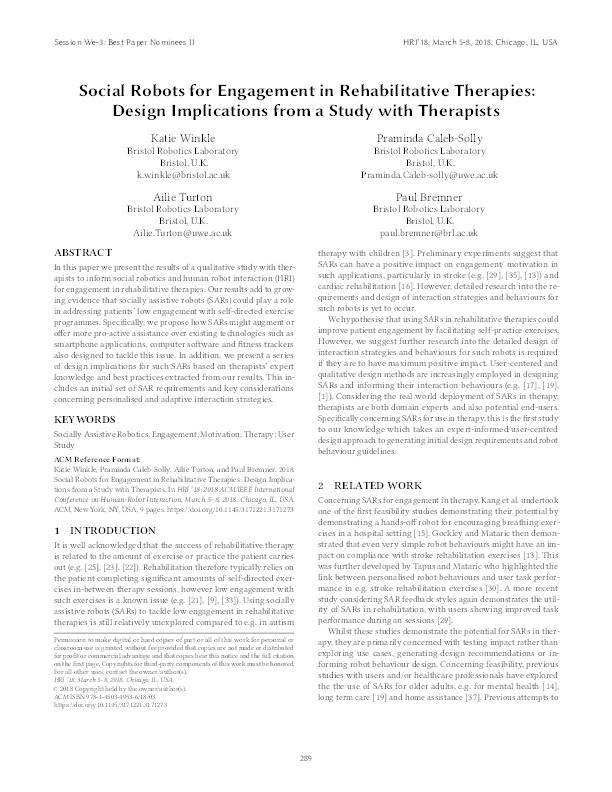 Social robots for engagement in rehabilitative therapies:
Design implications from a study with therapists Thumbnail