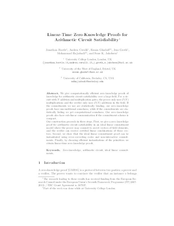 Linear-time zero-knowledge proofs for arithmetic circuit satisfiability Thumbnail