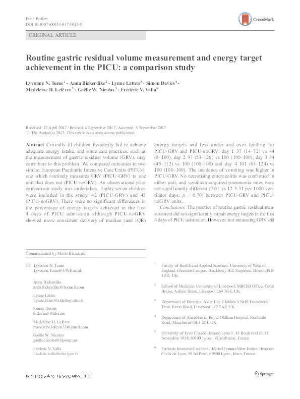 Routine gastric residual volume measurement and energy target achievement in the PICU: A comparison study Thumbnail