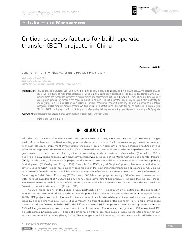 Critical success factors for build-operate-transfer (BOT) projects in China Thumbnail