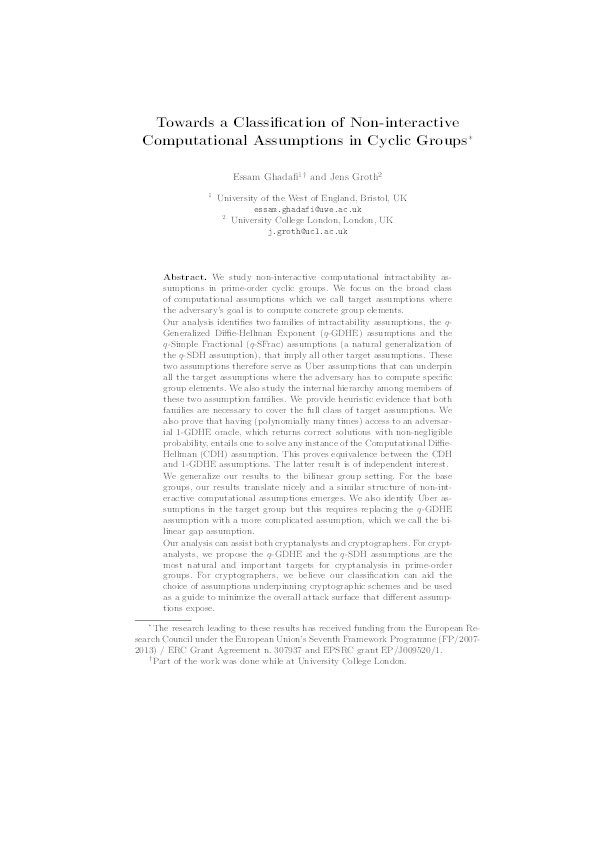 Towards a classification of non-interactive computational assumptions in cyclic groups Thumbnail