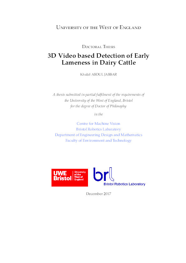 3D video based detection of early lameness in dairy cattle Thumbnail