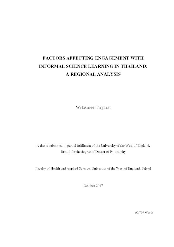 Factors affecting engagement with informal science learning in Thailand: A regional perspective Thumbnail