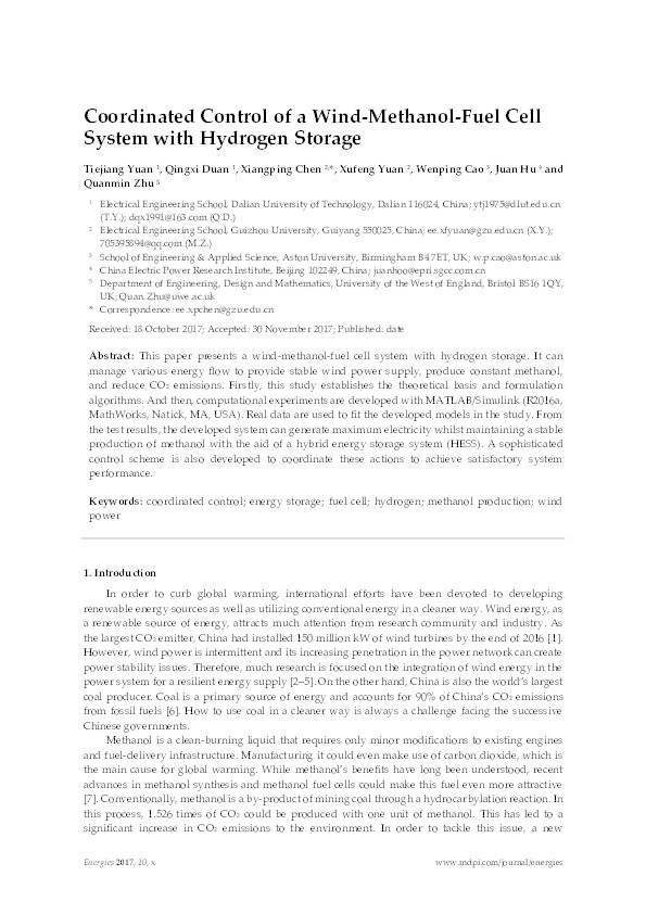 Coordinated control of a wind-methanol-fuel cell system with hydrogen storage Thumbnail