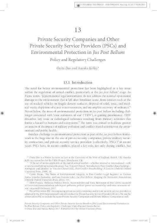 Private security companies and other private security providers (PSCs) and environmental protection in jus post bellum: Policy and regulatory challenges Thumbnail