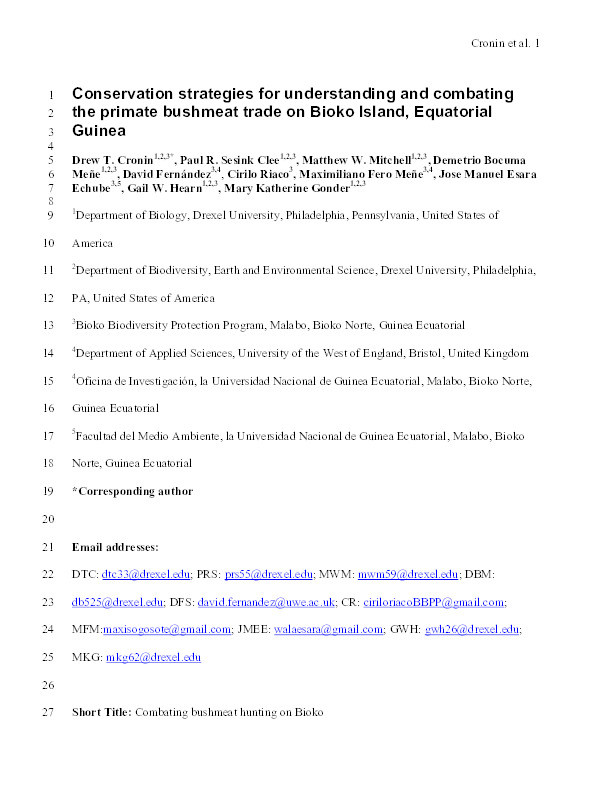 Conservation strategies for understanding and combating the primate bushmeat trade on Bioko Island, Equatorial Guinea Thumbnail