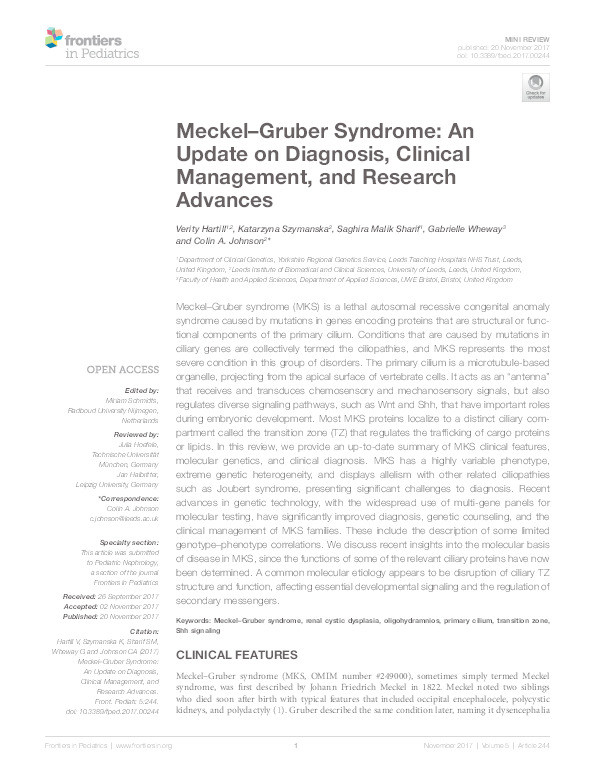 Meckel-Gruber syndrome: An update on diagnosis, clinical management, and research advances Thumbnail