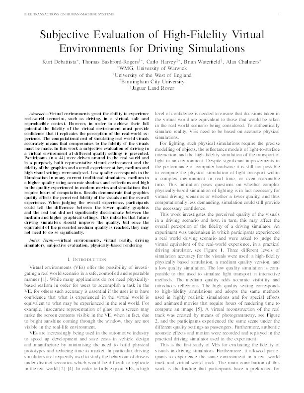 Subjective evaluation of high-fidelity virtual environments for driving simulations Thumbnail