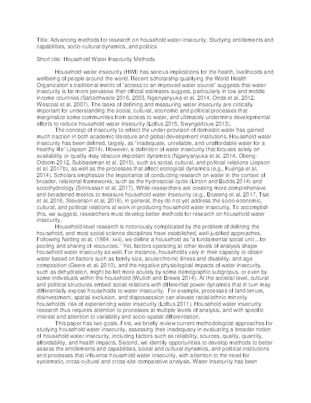 Advancing methods for research on household water insecurity: Studying entitlements and capabilities, socio-cultural dynamics, and political processes, institutions and governance Thumbnail