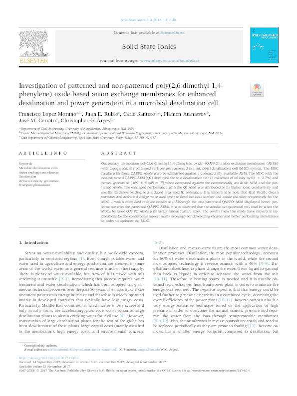 Investigation of patterned and non-patterned poly(2,6-dimethyl 1,4-phenylene) oxide based anion exchange membranes for enhanced desalination and power generation in a microbial desalination cell Thumbnail