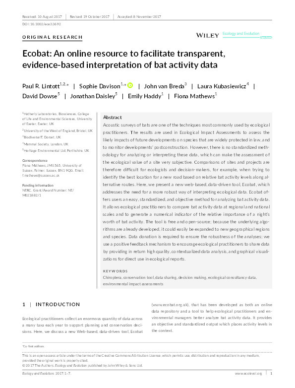 Ecobat: An online resource to facilitate transparent, evidence-based interpretation of bat activity data Thumbnail