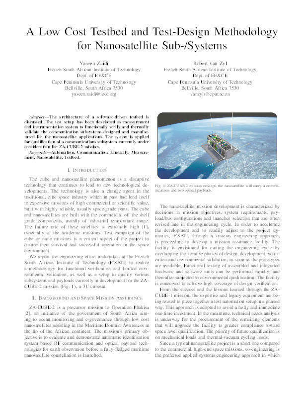 A low cost testbed and test-design methodology for nanosatellite sub-/systems Thumbnail