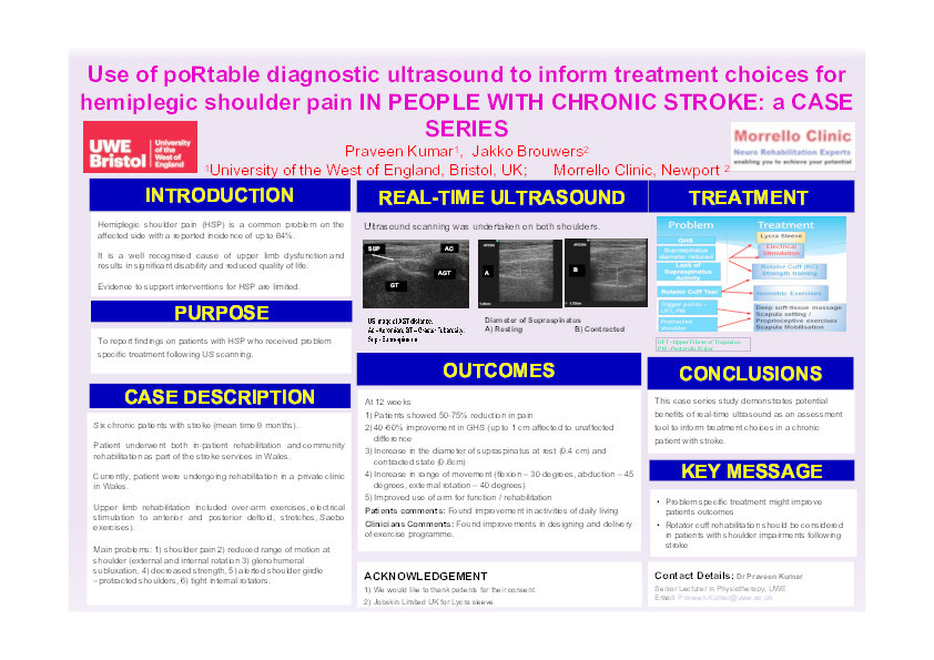 Use of portable diagnostic ultrasound to inform treatment choices for hemiplegic shoulder pain in people with Chronic Stroke:  A case series Thumbnail