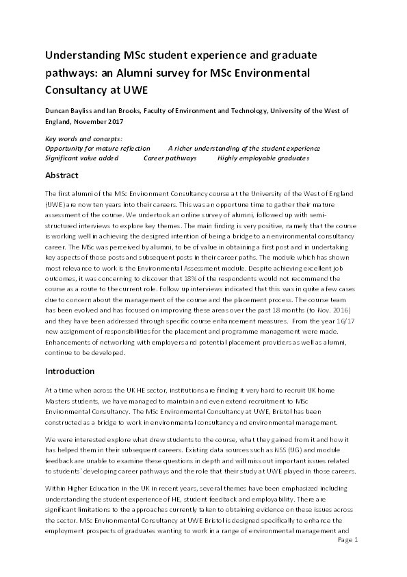 Understanding MSc student experience and graduate pathways: An alumni survey for MSc Environmental Consultancy at UWE Thumbnail