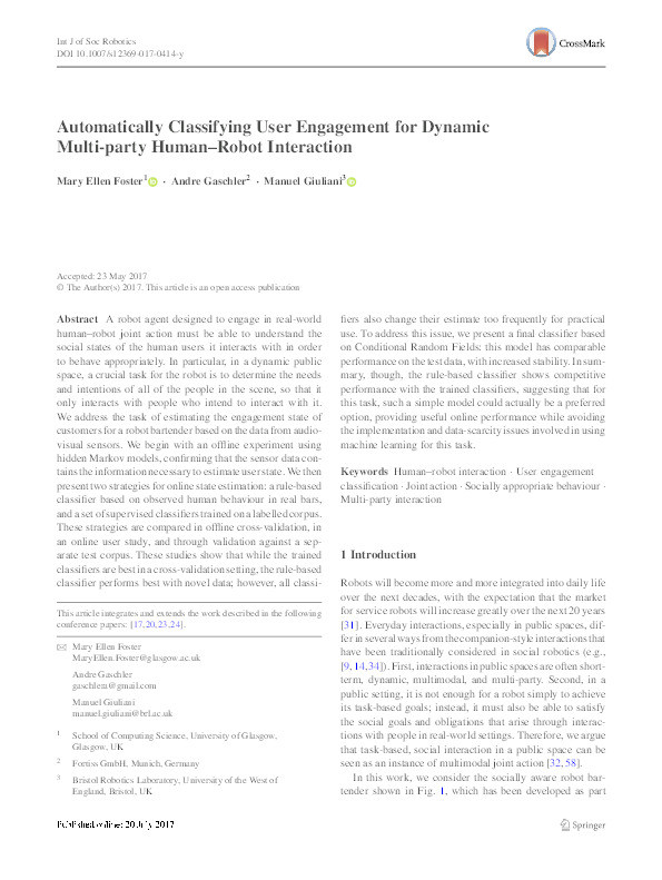 Automatically Classifying User Engagement for Dynamic Multi-party Human–Robot Interaction Thumbnail