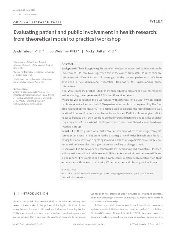 Evaluating patient and public involvement in health research: from theoretical model to practical workshop Thumbnail