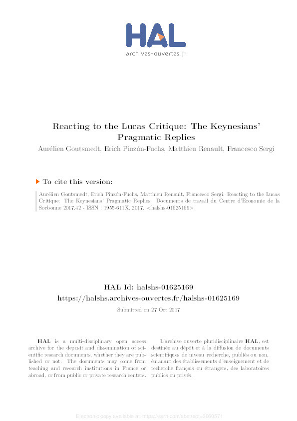 Reacting to the Lucas Critique: The Keynesians' pragmatic replies Thumbnail