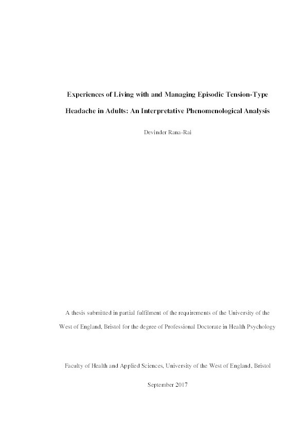 Experiences of living with and managing episodic tension-type headache in adults: An interpretative phenomenological analysis Thumbnail