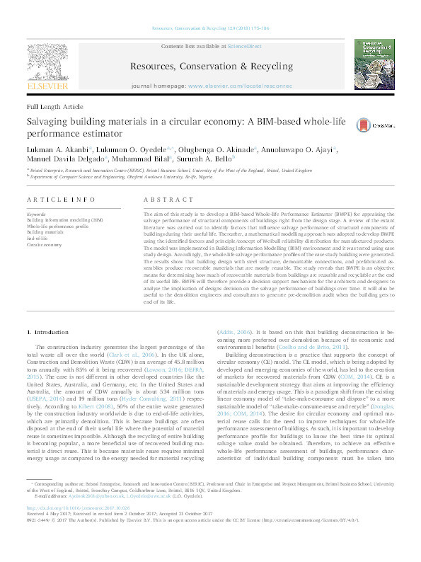 Salvaging building materials in a circular economy: A BIM-based whole-life performance estimator Thumbnail