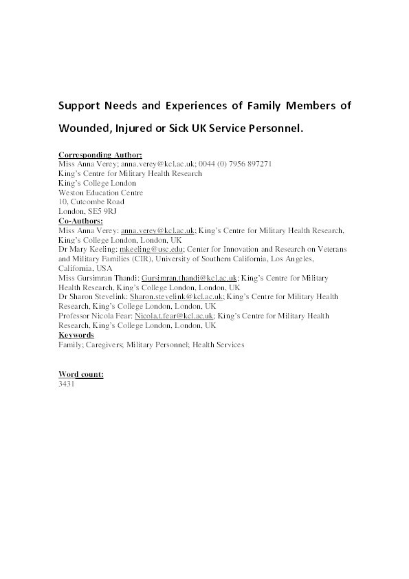 Support needs and experiences of family members of wounded, injured or sick UK service personnel Thumbnail