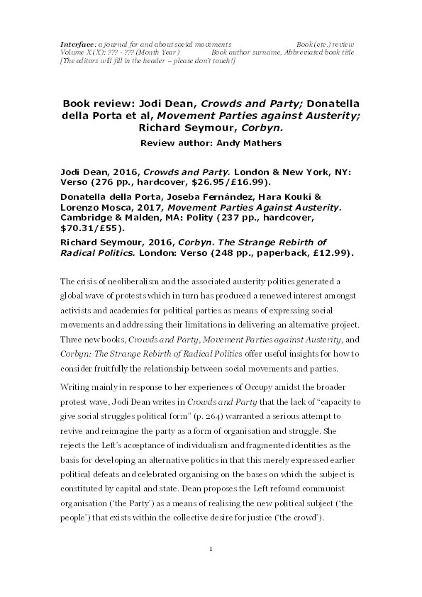 Book review: Jodi Dean, Crowds and Party; Donatella della Porta et al, Movement Parties against Austerity; Richard Seymour, Corbyn Thumbnail