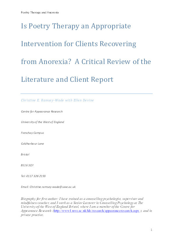Is poetry therapy an appropriate intervention for clients recovering from anorexia? A critical review of the literature and client report Thumbnail