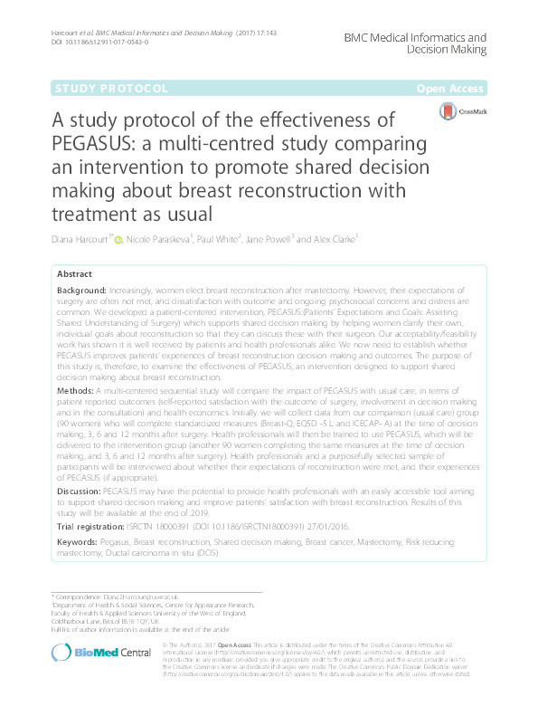 A study protocol of the effectiveness of PEGASUS: A multi-centred study comparing an intervention to promote shared decision making about breast reconstruction with treatment as usual Thumbnail
