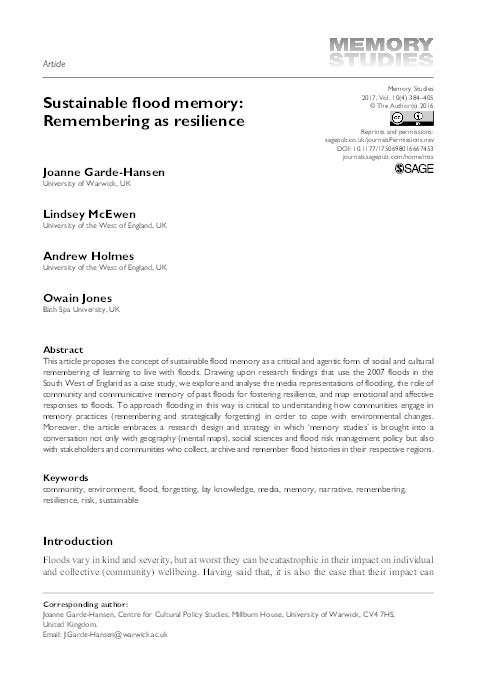 Sustainable flood memory: Remembering as resilience Thumbnail