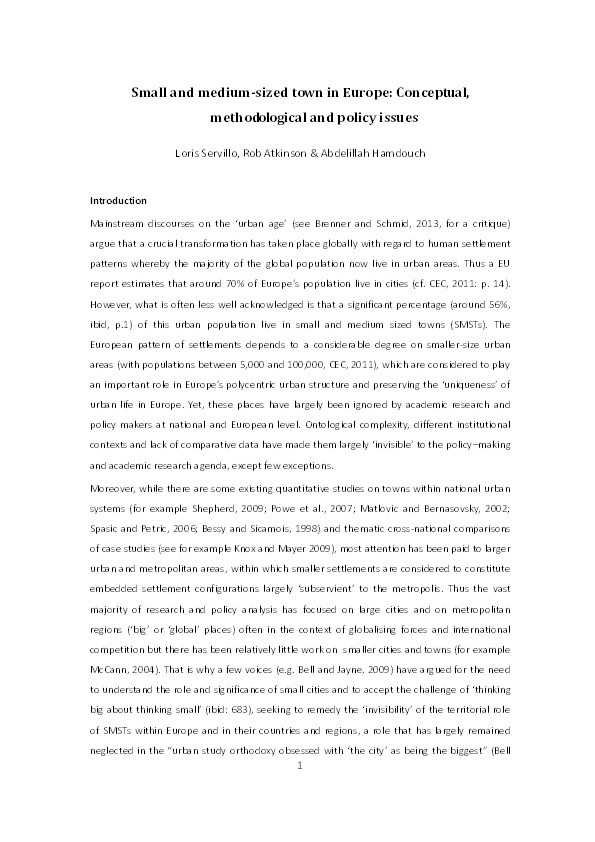 Small and Medium-Sized Towns in Europe: Conceptual, Methodological and Policy Issues Thumbnail