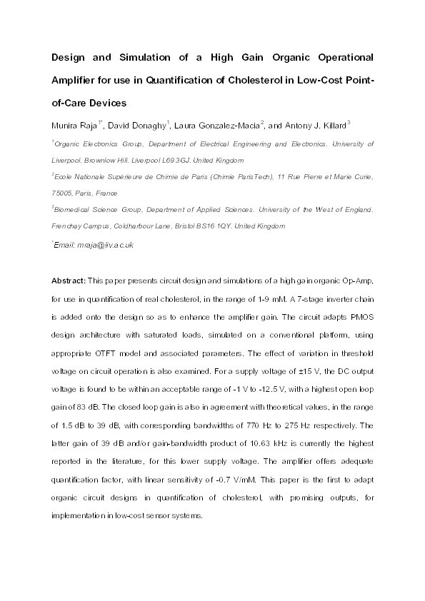 Design and simulation of a high-gain organic operational amplifier for use in quantification of cholesterol in low-cost point-of-care devices Thumbnail