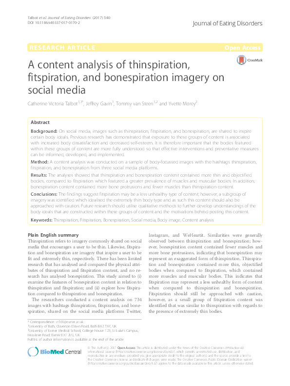 A content analysis of thinspiration, fitspiration, and bonespiration imagery on social media Thumbnail