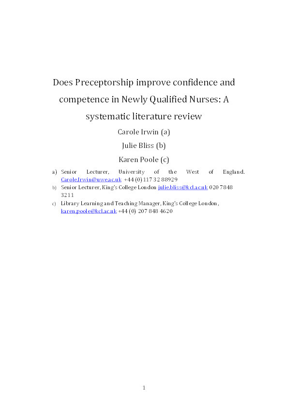 Does Preceptorship improve confidence and competence in Newly Qualified Nurses: A systematic literature review Thumbnail