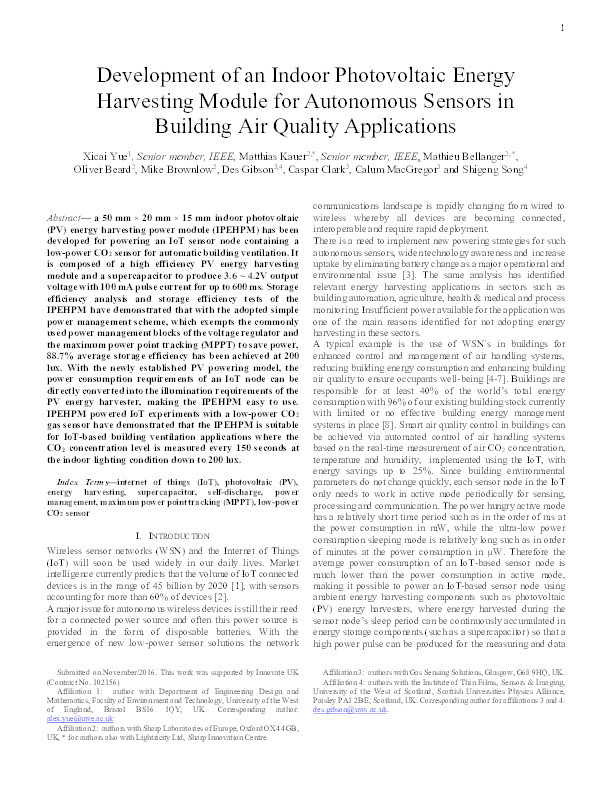 Development of an Indoor Photovoltaic Energy Harvesting Module for Autonomous Sensors in Building Air Quality Applications Thumbnail