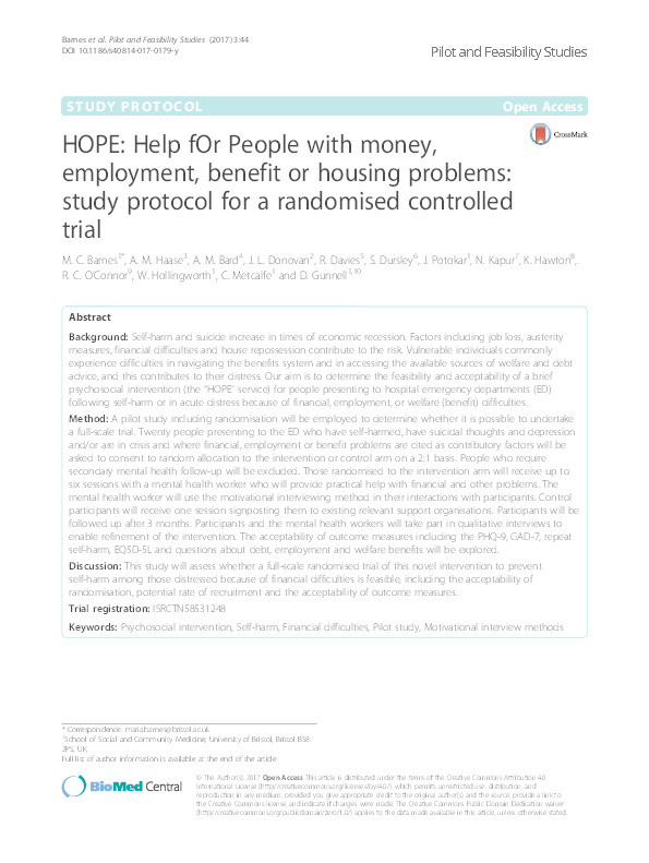 HOPE: Help fOr People with money, employment, benefit or housing problems: Study protocol for a randomised controlled trial Thumbnail