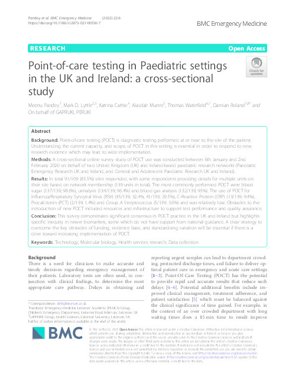Point-of-care testing in paediatric settings in the UK and Ireland: A cross-sectional study Thumbnail