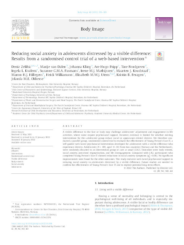 Reducing social anxiety in adolescents distressed by a visible difference: Results from a randomised control trial of a web-based intervention Thumbnail