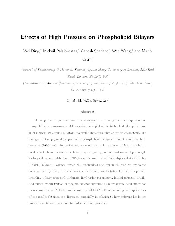 Effects of High Pressure on Phospholipid Bilayers Thumbnail