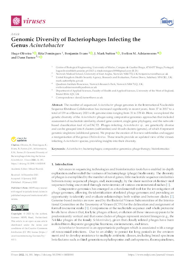 Genomic diversity of bacteriophages infecting the genus acinetobacter Thumbnail