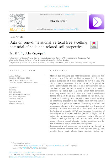 Data on one-dimensional vertical free swelling potential of soils and related soil properties Thumbnail