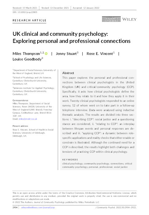 UK clinical and community psychology: Exploring personal and professional connections Thumbnail
