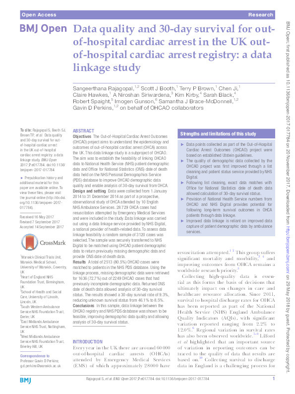 Data quality and 30-day survival for out-of-hospital cardiac arrest in the UK out-of-hospital cardiac arrest registry: A data linkage study Thumbnail