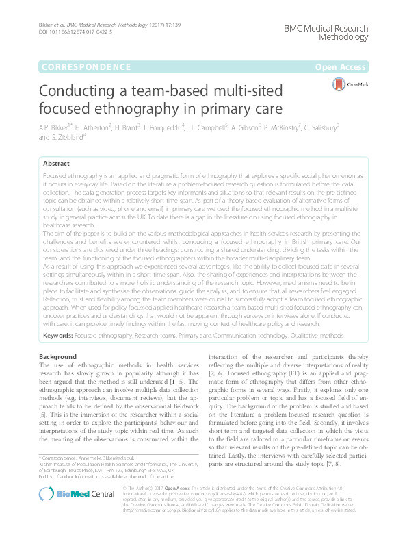 Conducting a team-based multi-sited focused ethnography in primary care Thumbnail