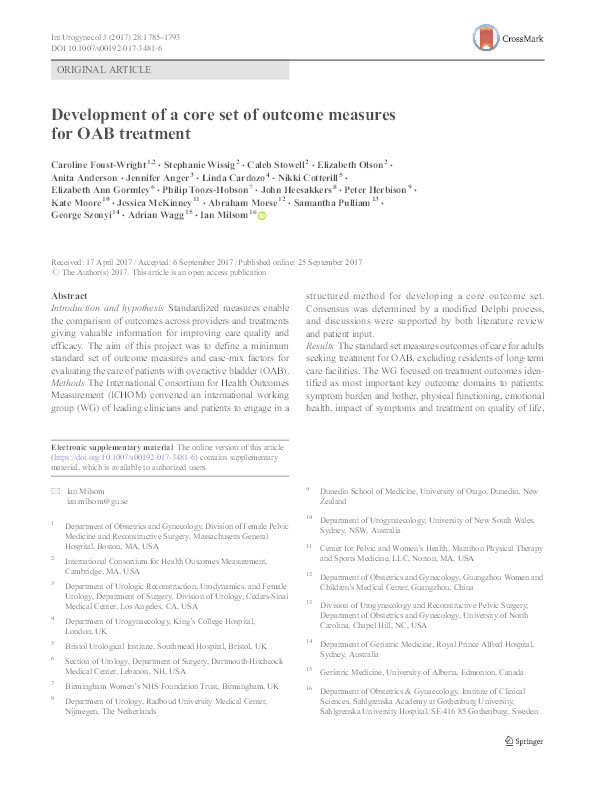 Development of a core set of outcome measures for OAB treatment Thumbnail