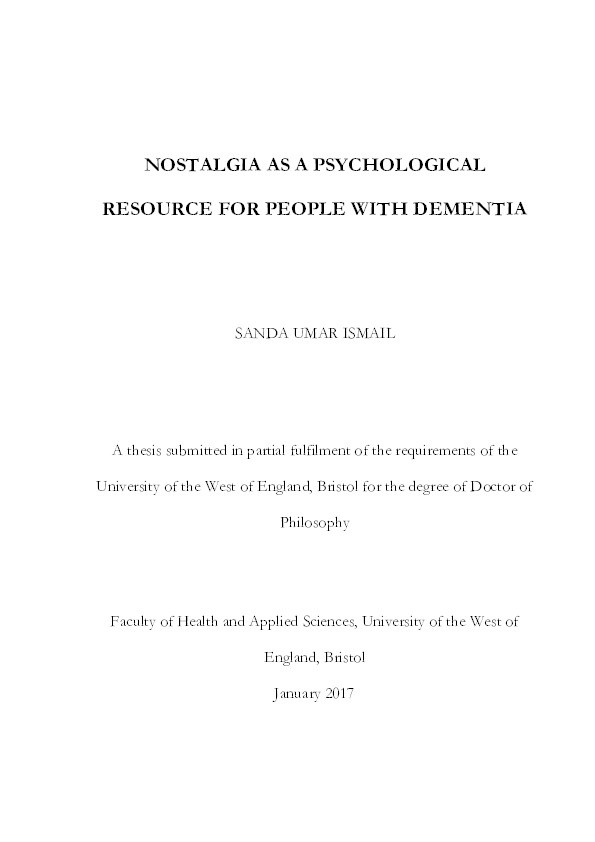 Nostalgia as a psychological resource for people with dementia Thumbnail