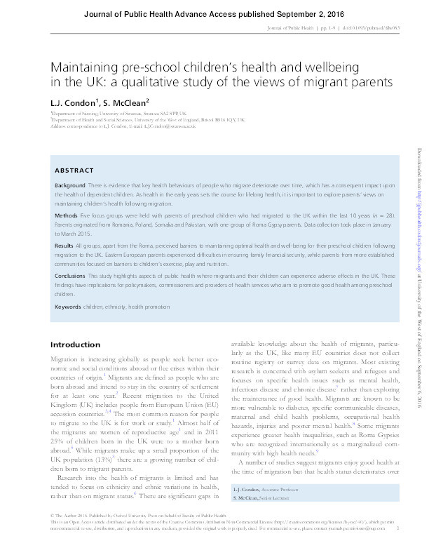 Maintaining pre-school children's health and wellbeing in the UK: A qualitative study of the views of migrant parents Thumbnail