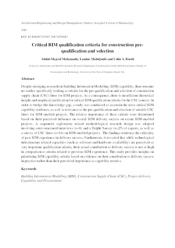 Critical BIM qualification criteria for construction pre-qualification and selection Thumbnail