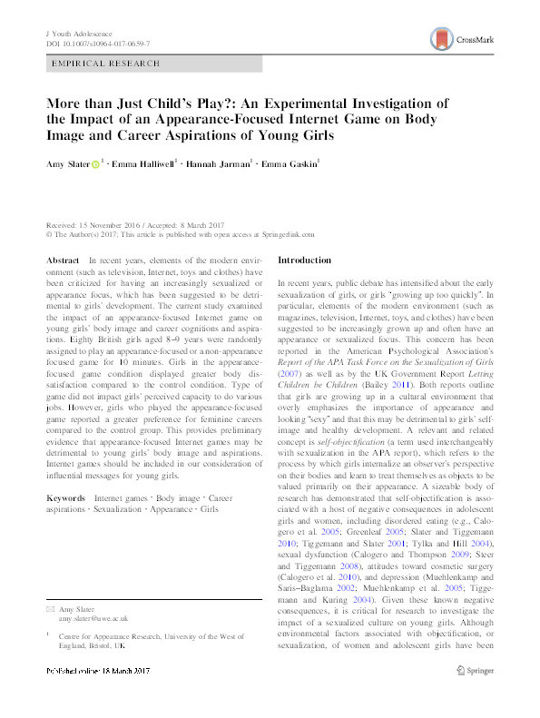 More than just child’s play?: An experimental investigation of the impact of an appearance-focused internet game on body image and career aspirations of young girls Thumbnail