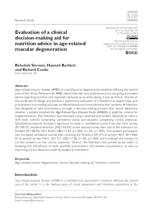 Evaluation of a clinical decision-making aid for nutrition advice in age-related macular degeneration Thumbnail